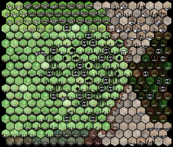 Hex map of the valley, showing the inside of a troll cave at the top