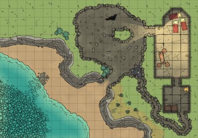 A tactical map of a beach with a dungeon opening in the cliff