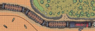 A tactical map of a train stopped on rails with a bandit camp above