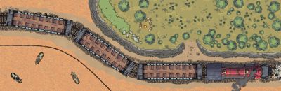 A tactical map of a train stopped on rails with a bandit camp above