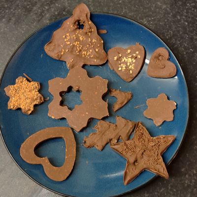 A plate of chocolate decorations