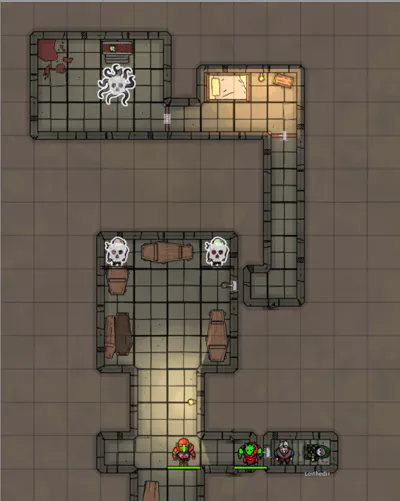 Top-down gridded map of a crypt, with zombies and a land-squid monster