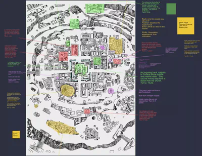 Our map of the town, covered in notes