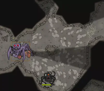 Top-down gridded map of a cave with massive spider and tentacle-thing