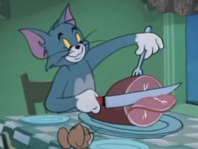 Tom (cartoon cat) carves a ham
