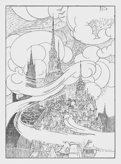 Line drawing of a fairytale castle, wreathed in stylised clouds