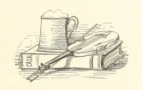 A violin and full mug of beer rest on a book titled CASH