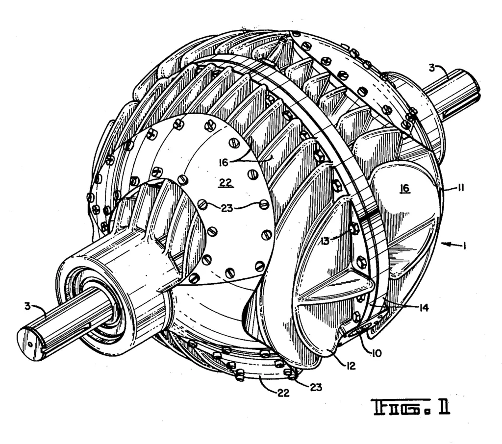 A technical numbered diagram of an unexplained swirly thing. It is round with an axle.