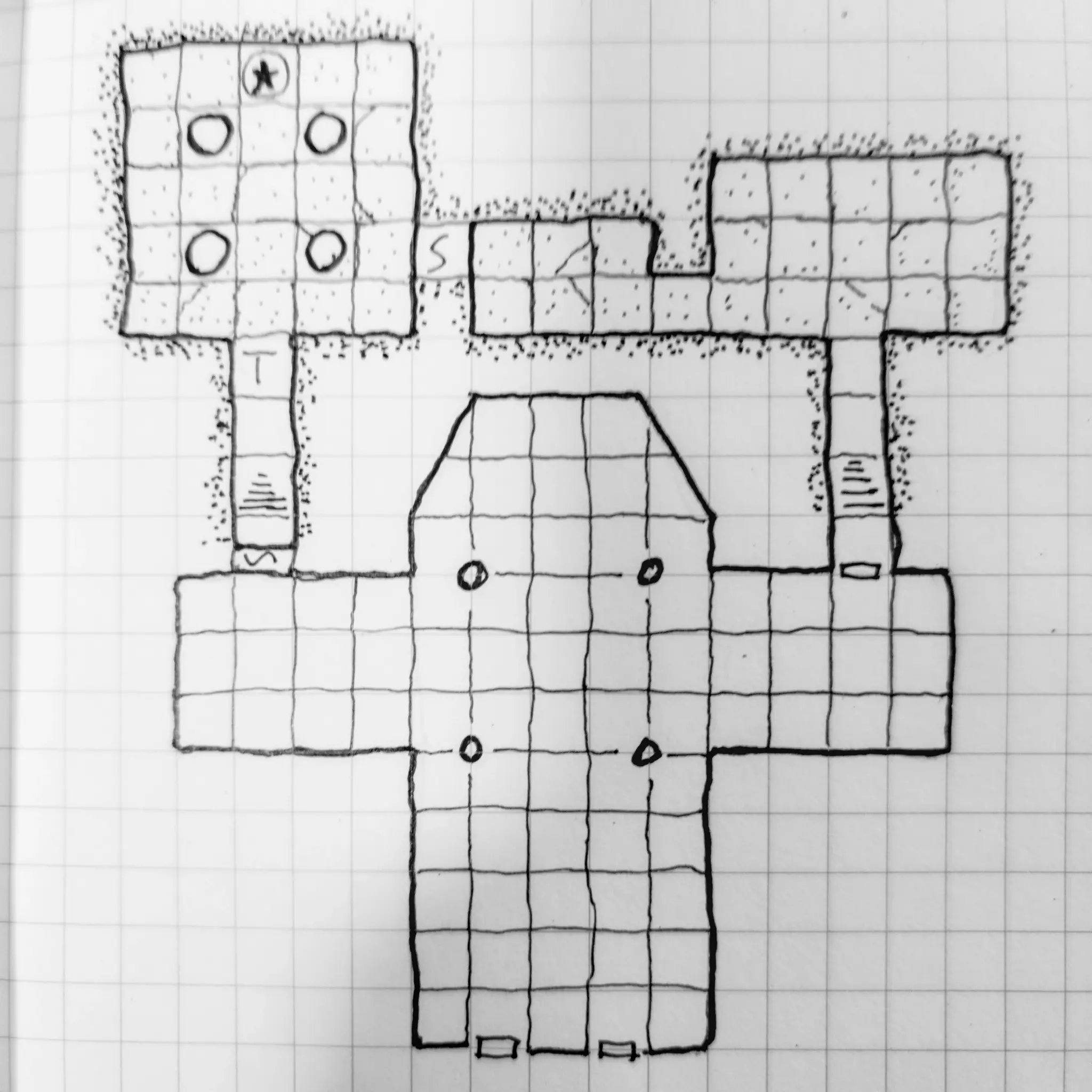 A dungeon map of a cross-shaped building, with some secret rooms to the North