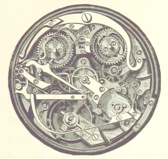 The many gears and escapement of a watch or round clock