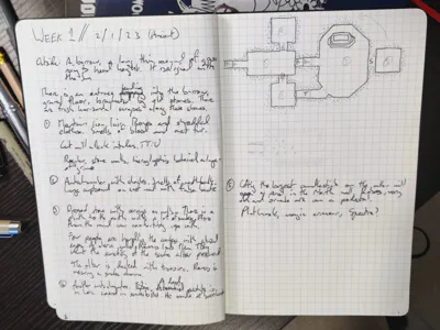 Picture of a notebook with text like the post on the left, rough map on the right