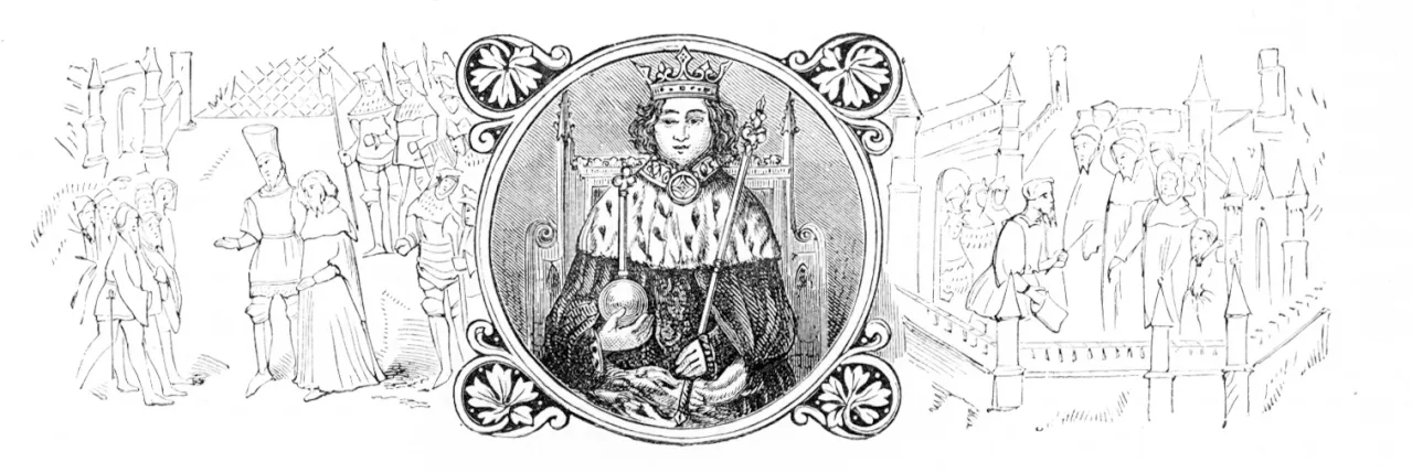 A drawing of a man with a crown, orb, and sceptre, on a thrown.