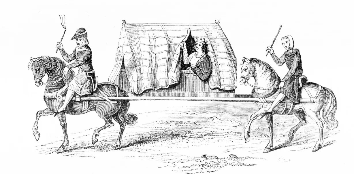 Two horses bearing a tent on poles, while someone looks out
