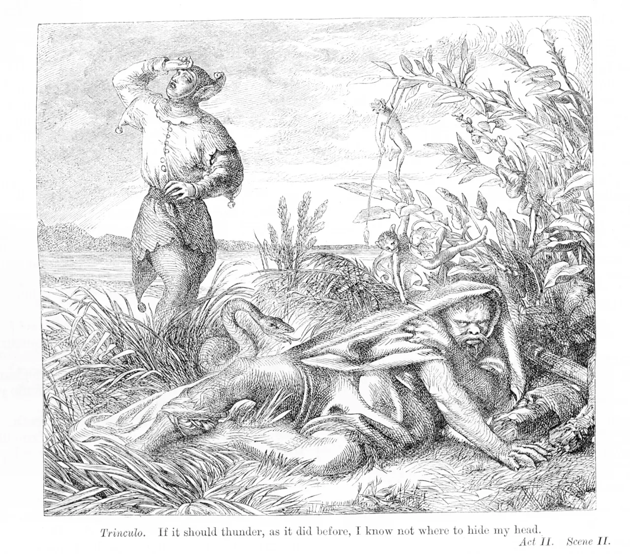 An engraving of an angsty person while a snake menaces a hairy biped in the grass