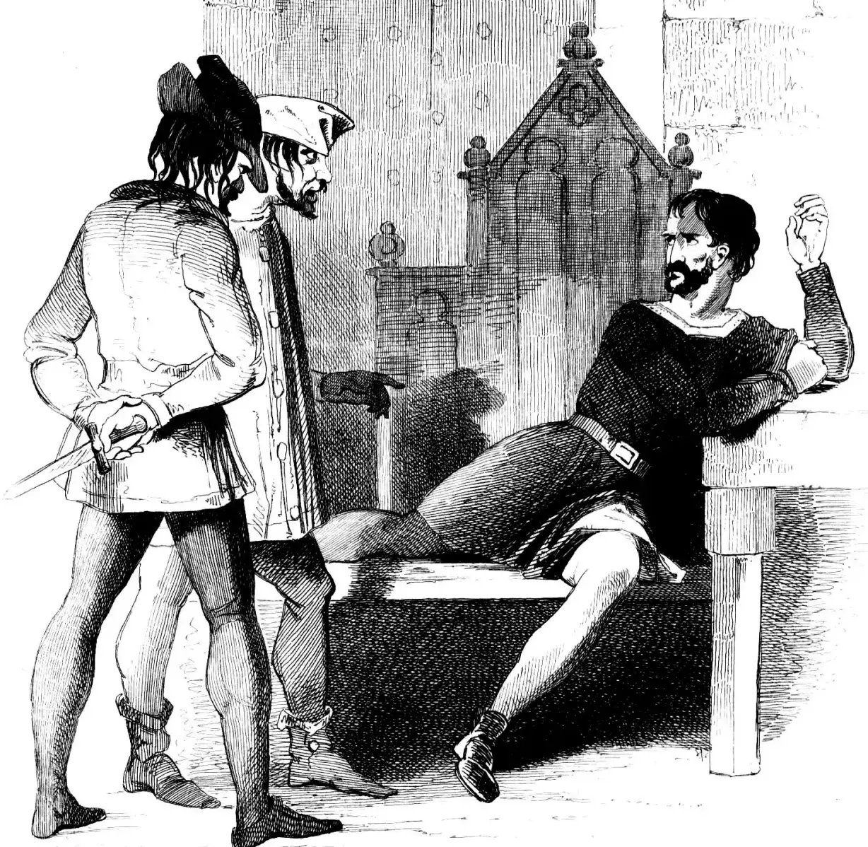 A man sits on a throne, looking suspicious at two people who approach, one with a knife behind his back