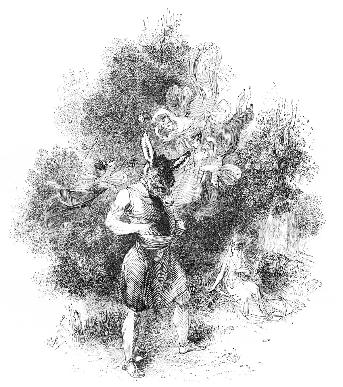 A man with a donkey's head, with faeries around him.