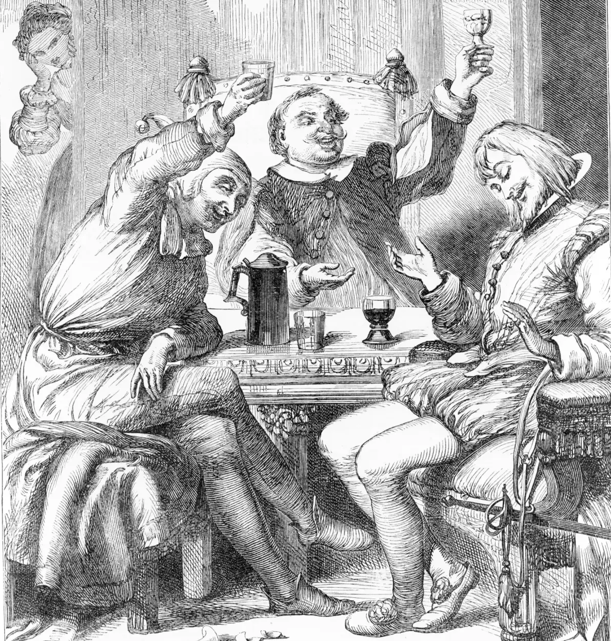 Line drawing of thre men drunkenly toasting their cups.  They are fancily dressed.