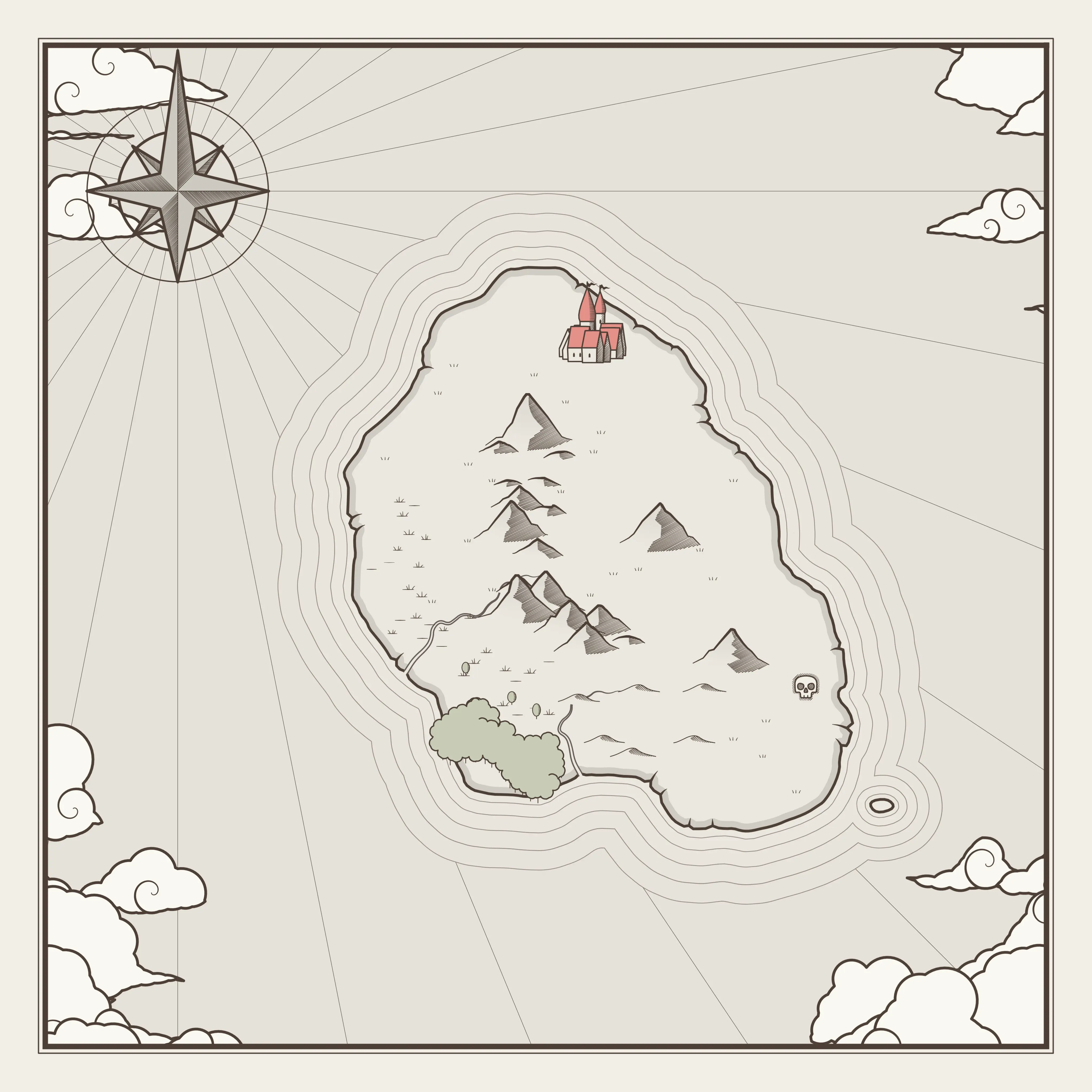 Map of a small island, with a town marked at the top, mountains in the middle, and a forest to the bottom