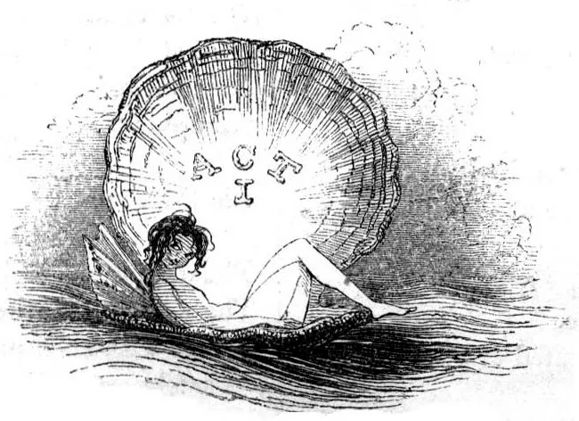 A fairy lies in a floating clam which is inscribed ACT I