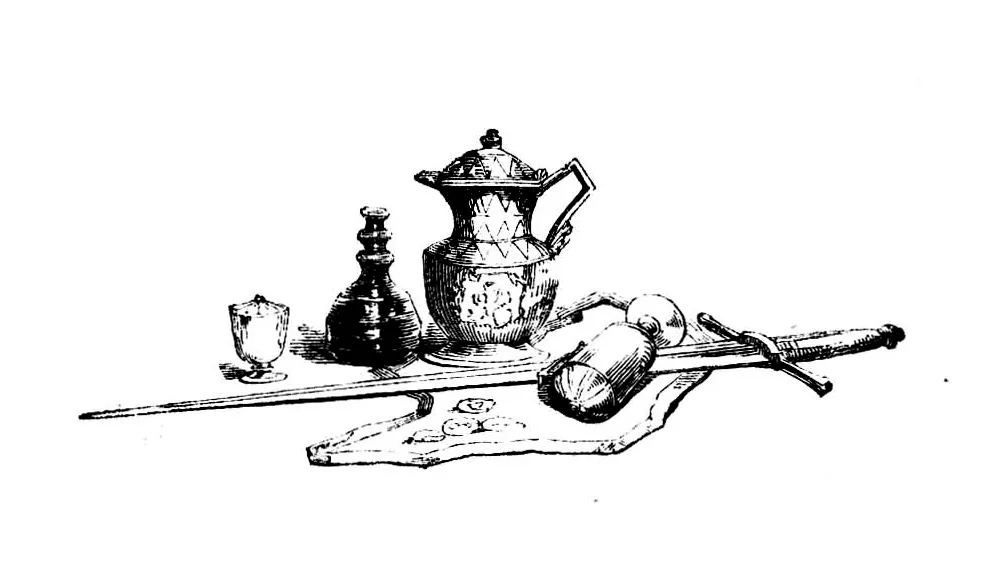 Line drawing of a sword, a metal jug, and some cups, one spilled