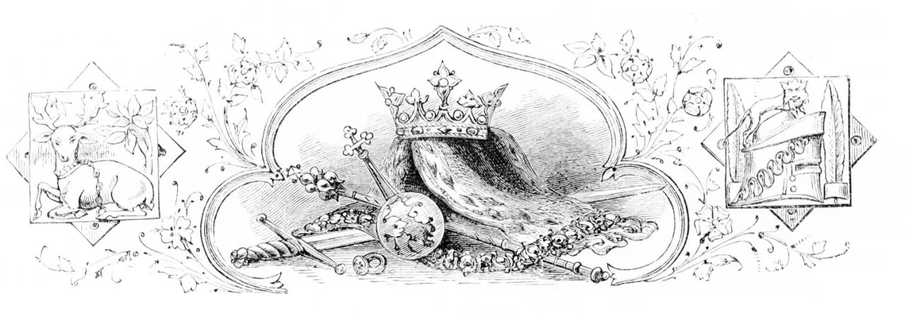 A drawing of a crown and some historic weapons, with a floral regal background