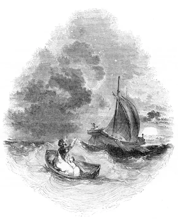 A line drawing of a man and young girl in a small boat without oars, hailing a larger boat